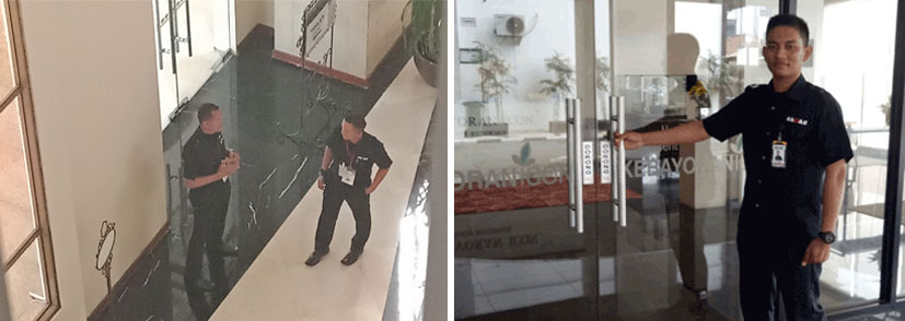 SAGAS security guards on duty inside a lobby and stationed outside the main entrance of a residential apartment