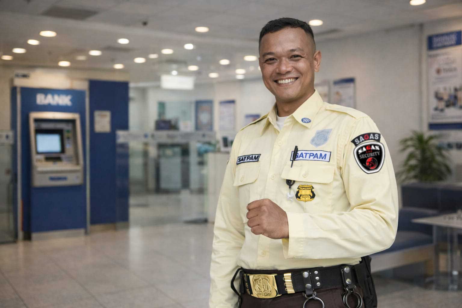 SAGAS security guard standing confidently in front of a bank building