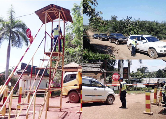 SAGAS security guards performing security operations at a palm oil plantation estate in Indonesia, including vehicle inspections, tower post patrolling, and harvest truck checks