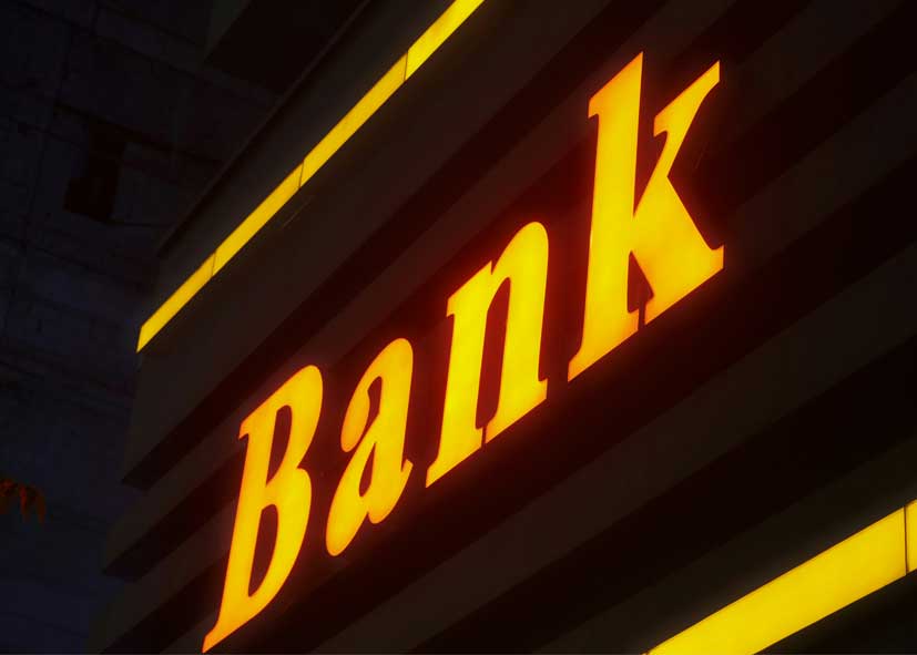 Neon sign displaying the word ‘Bank'