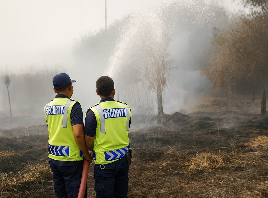 SAGAS security guards performing fire suppression with hose on a section of land at a client palm oil estate