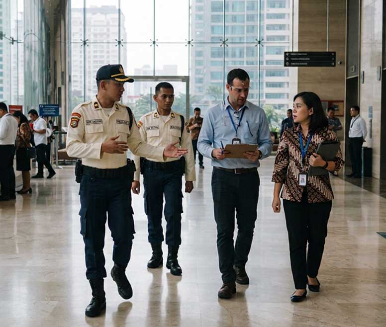 Sagas Security Guards in Indonesia escorting a building contractor with management staff