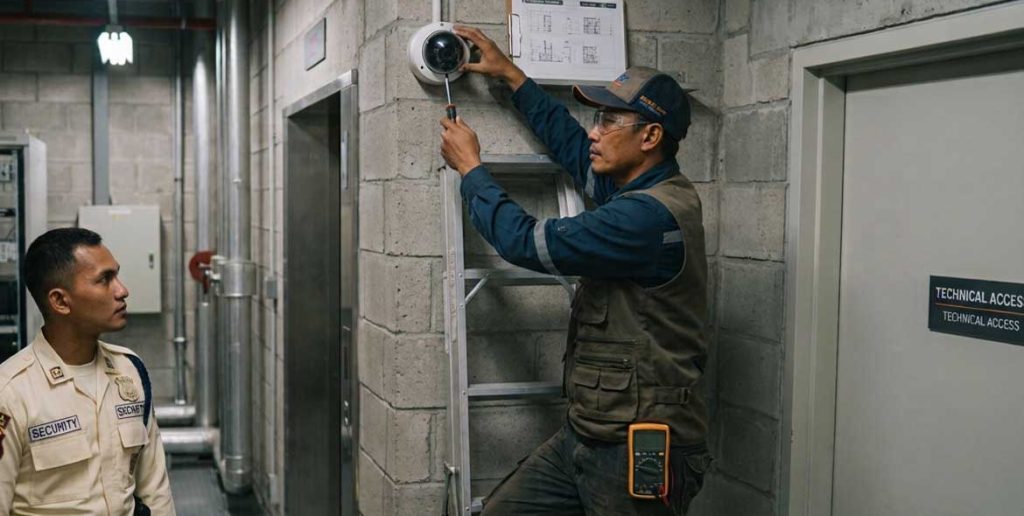 security guard in indonesia escorting a technician during cctv installation in Indonesia